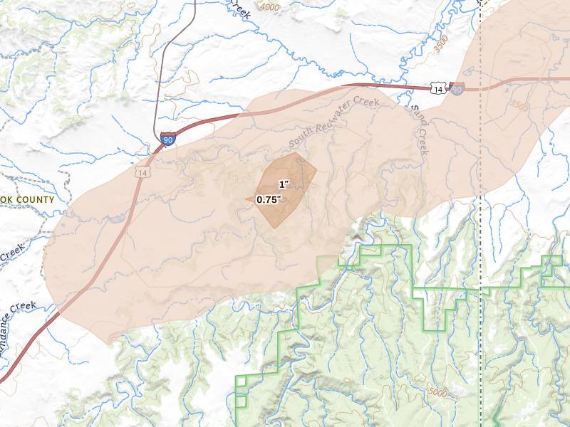 Radar-estimated hail-size map of the storm over Beulah, WY on Jun 26, 2026