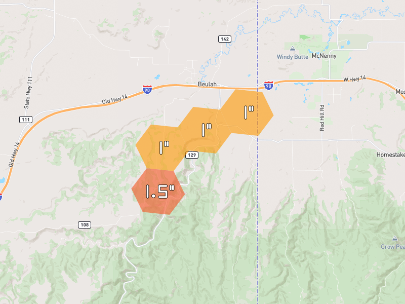 Hail map of Beulah, WY on Jun 27, 2026, hail up to 1.5"