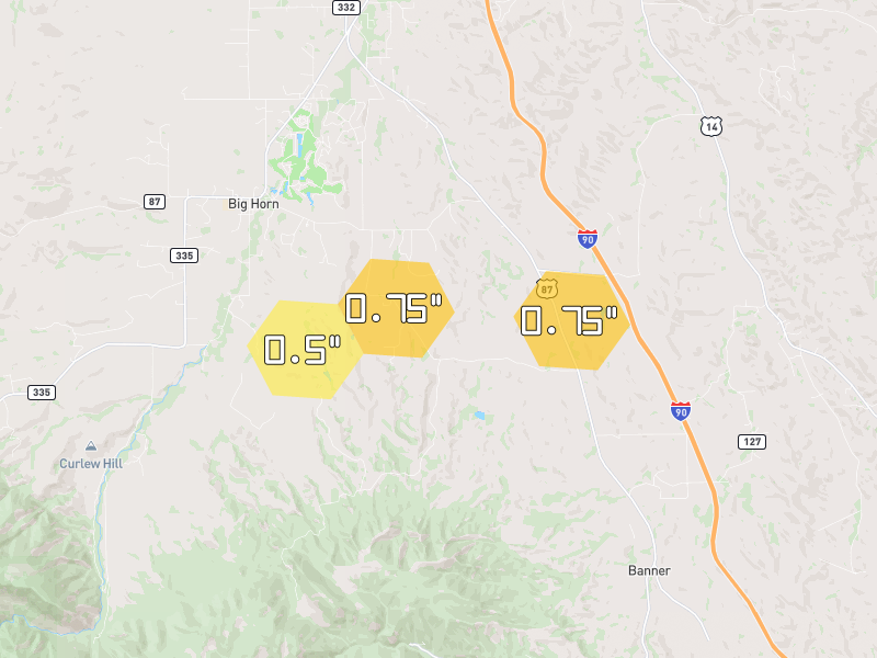 Hail map of Big Horn, WY on Jul 8, 2026, hail up to 0.75"