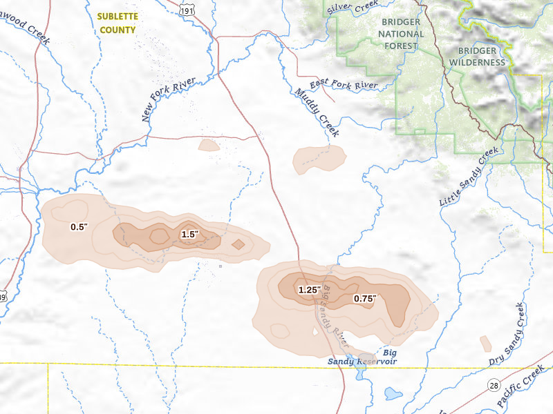 Radar-estimated hail-size map of the storm over Boulder, WY on Jun 25, 2026