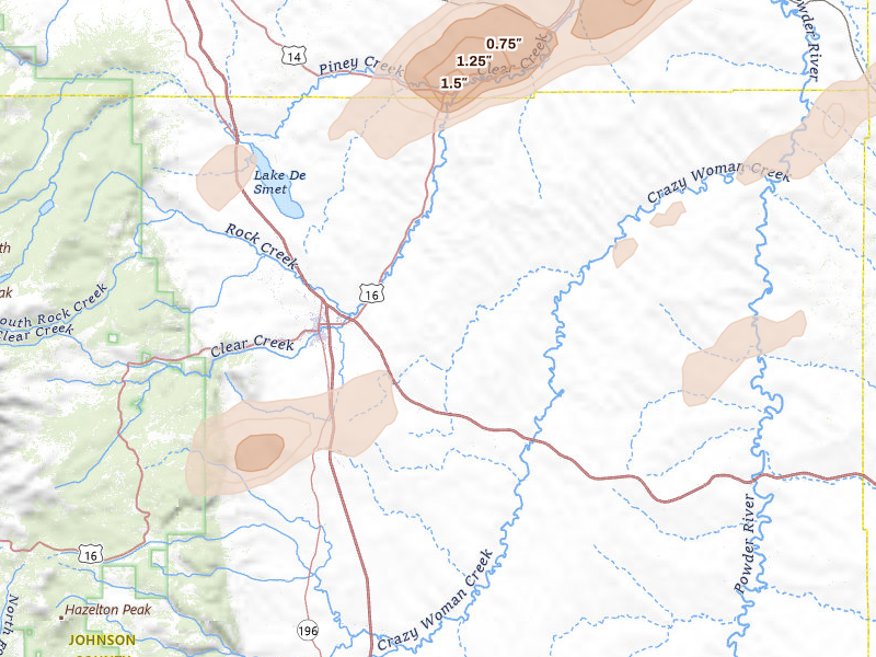 Radar-estimated hail-size map of the storm over Buffalo, WY on Jun 27, 2026