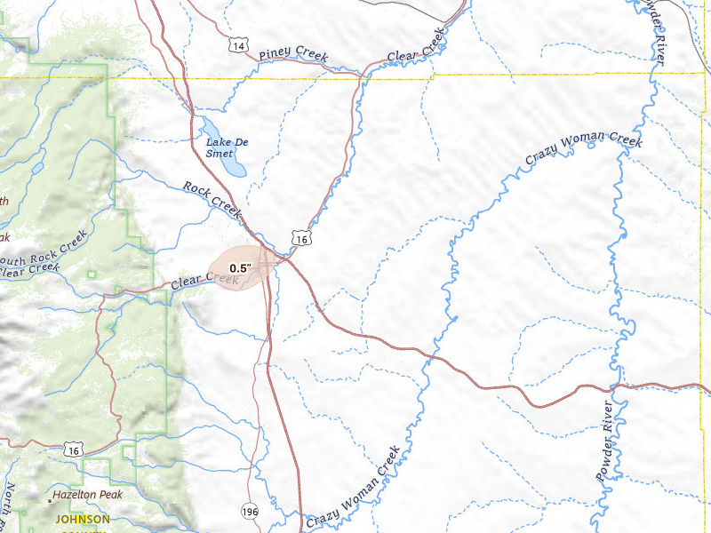 Radar-estimated hail-size map of the storm over Buffalo, WY on Jul 2, 2026