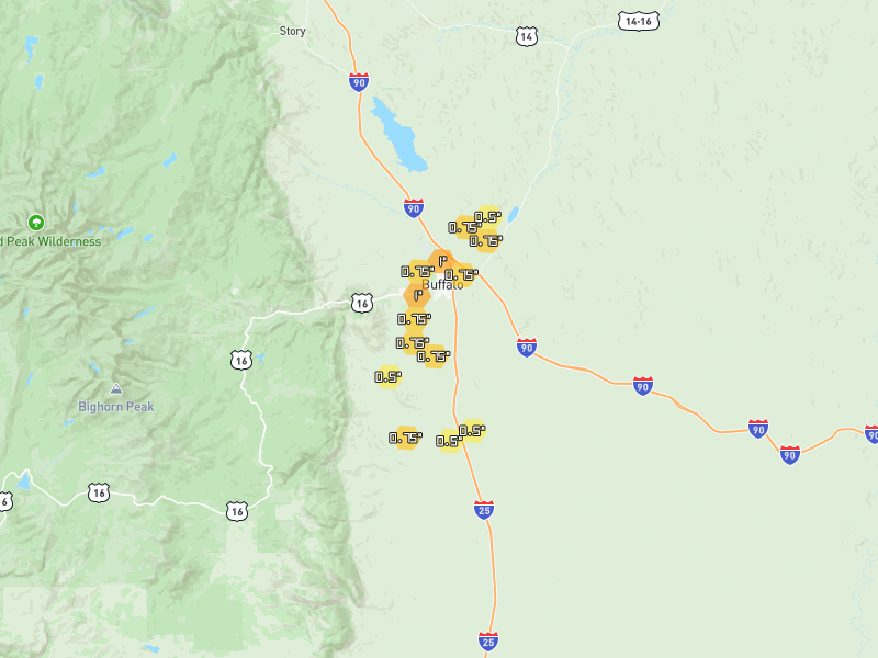 Hail map of Buffalo, WY on Jul 3, 2026, hail up to 1"