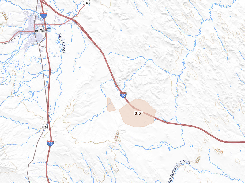 Radar-estimated hail-size map of the storm over Buffalo, WY on Aug 23, 2026