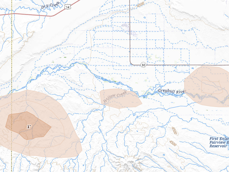 Radar-estimated hail-size map of the storm over Burlington, WY on Jul 7, 2026