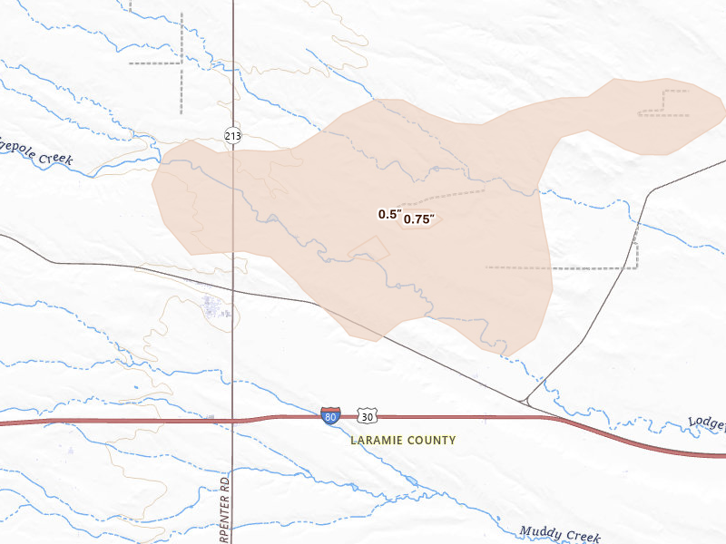 Radar-estimated hail-size map of the storm over Burns, WY on Jun 20, 2026
