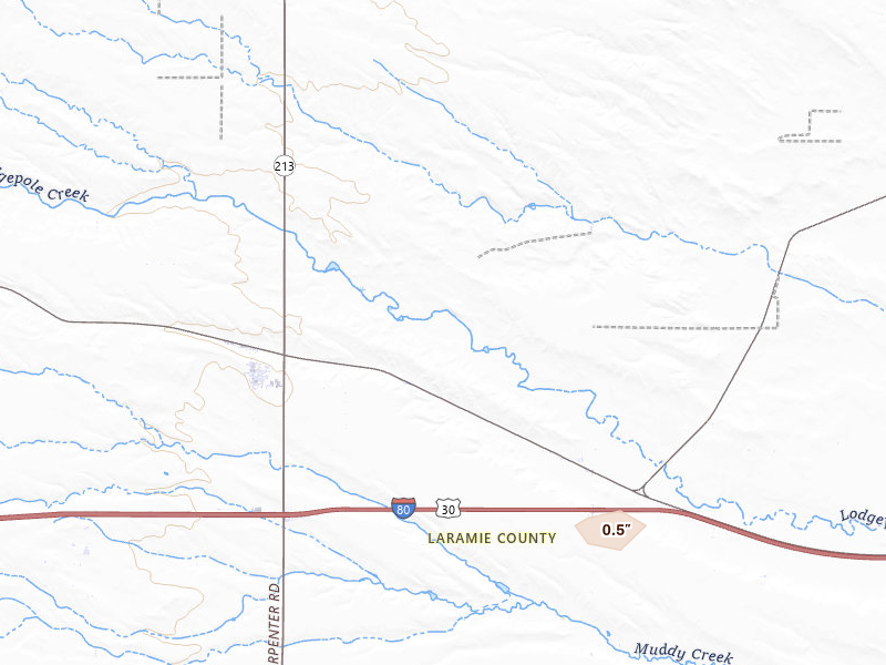 Radar-estimated hail-size map of the storm over Burns, WY on Jun 23, 2026