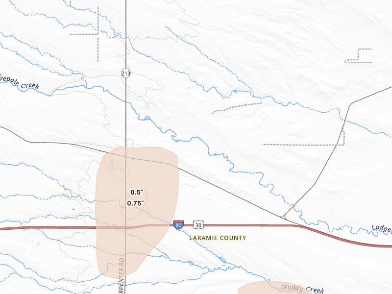 Radar-estimated hail-size map of the storm over Burns, WY on Jul 9, 2026