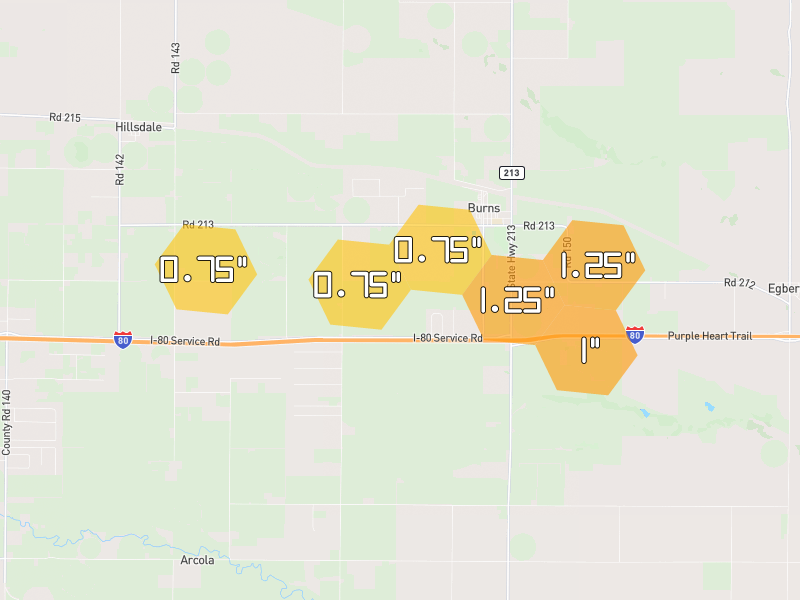 Hail map of Burns, WY on Jul 9, 2026, hail up to 1.25"