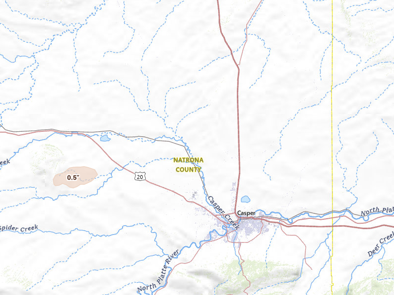 Radar-estimated hail-size map of the storm over Casper, WY on Jul 7, 2026