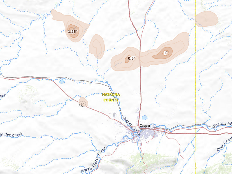Radar-estimated hail-size map of the storm over Casper, WY on Jul 9, 2026