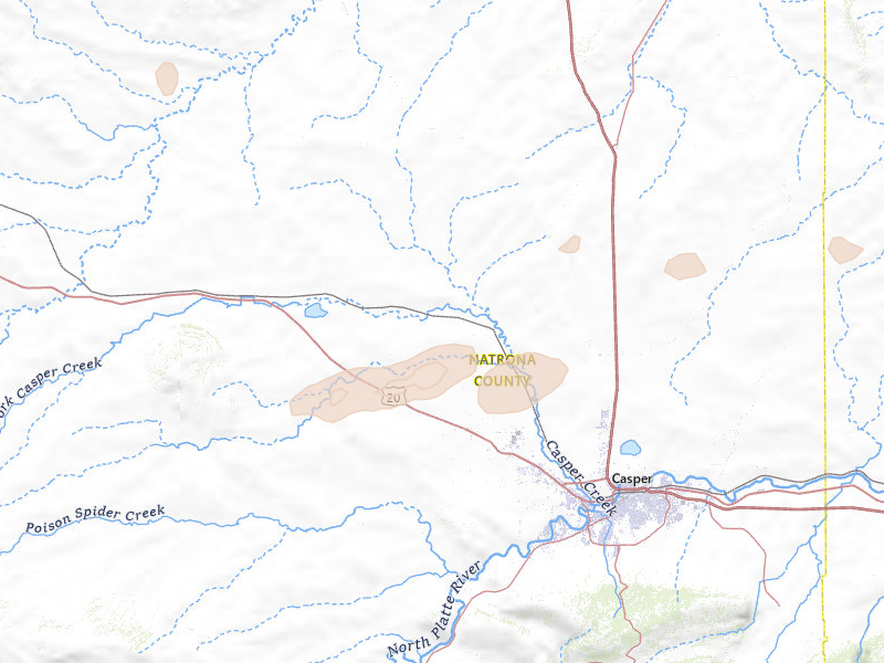 Radar-estimated hail-size map of the storm over Casper, WY on Aug 15, 2026