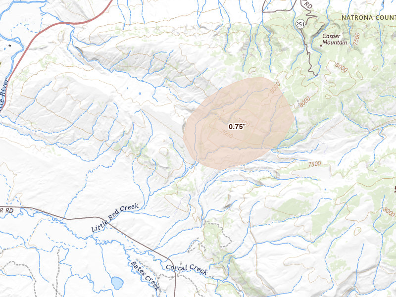 Radar-estimated hail-size map of the storm over Casper, WY on Aug 16, 2026