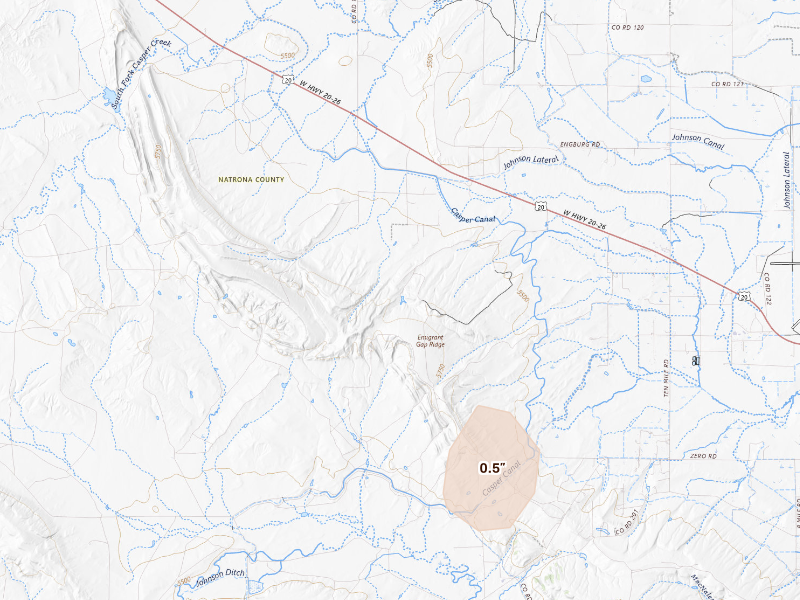 Radar-estimated hail-size map of the storm over Casper, WY on Sep 13, 2026