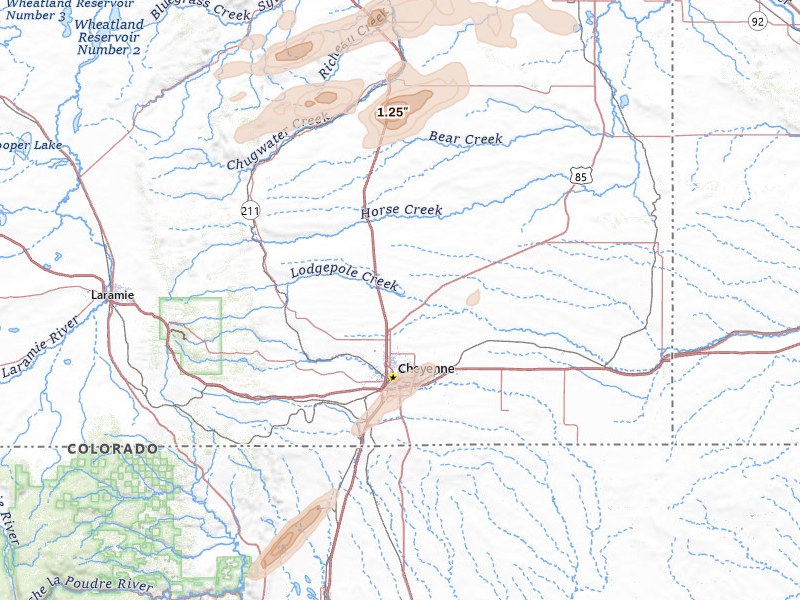 Radar-estimated hail-size map of the storm over Cheyenne, WY on Jun 1, 2026