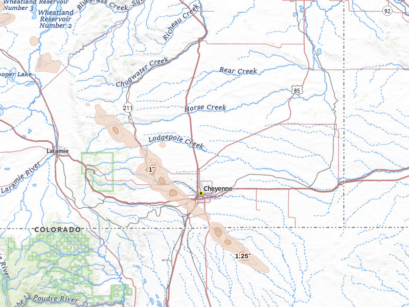 Radar-estimated hail-size map of the storm over Cheyenne, WY on Jun 25, 2026