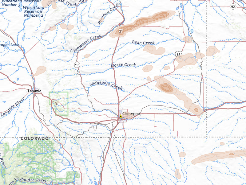 Radar-estimated hail-size map of the storm over Cheyenne, WY on Jul 8, 2026