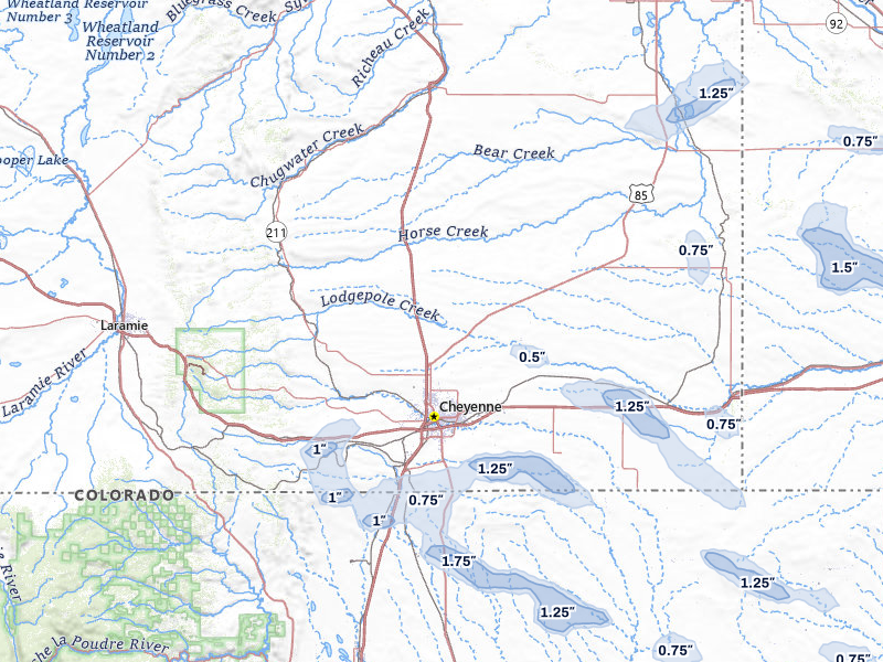 NEXRAD radar-signature map of the hail storm over Cheyenne, WY on Jul 9, 2026
