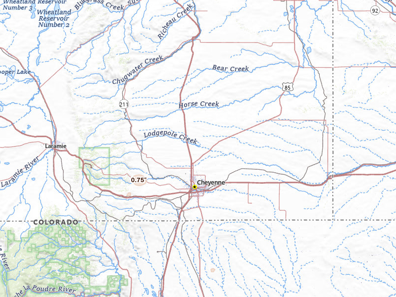 Radar-estimated hail-size map of the storm over Cheyenne, WY on Jul 10, 2026
