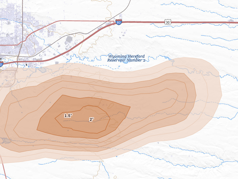 Radar-estimated hail-size map of the storm over Cheyenne, WY on Aug 12, 2026