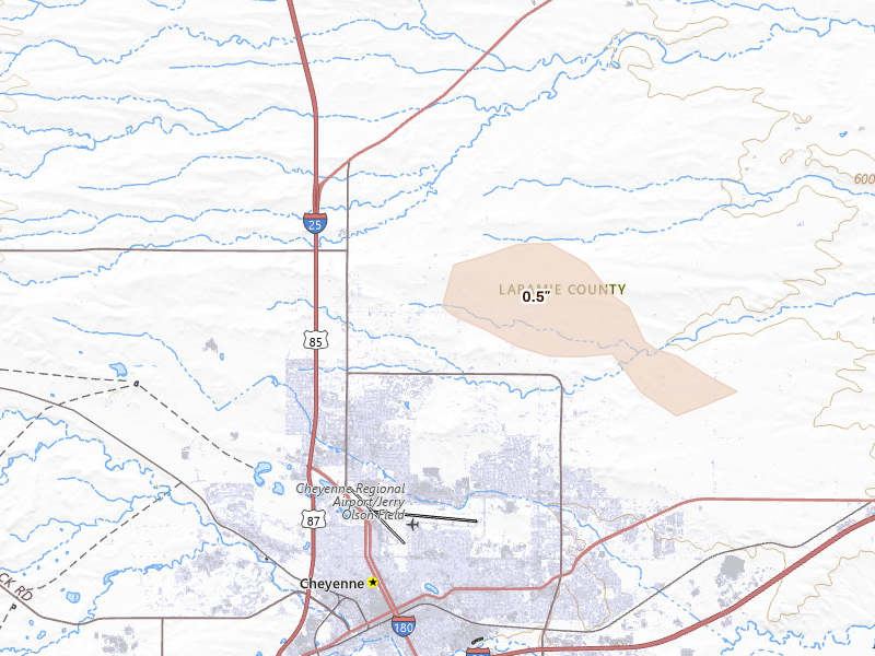 Radar-estimated hail-size map of the storm over Cheyenne, WY on Aug 21, 2026