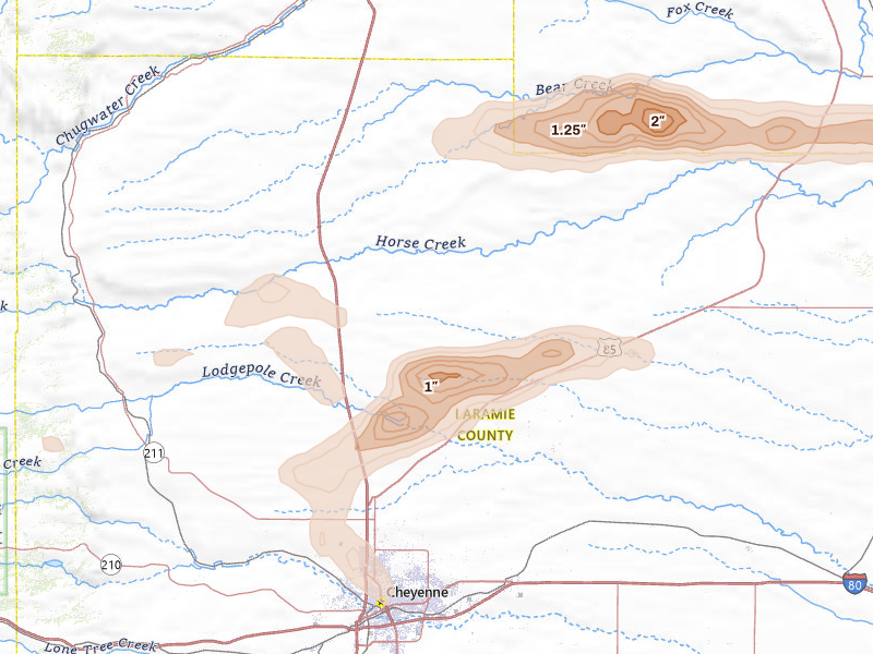Radar-estimated hail-size map of the storm over Cheyenne, WY on Aug 26, 2026