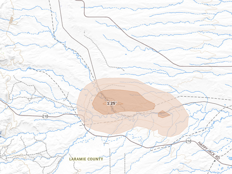 Radar-estimated hail-size map of the storm over Cheyenne, WY on Aug 27, 2026