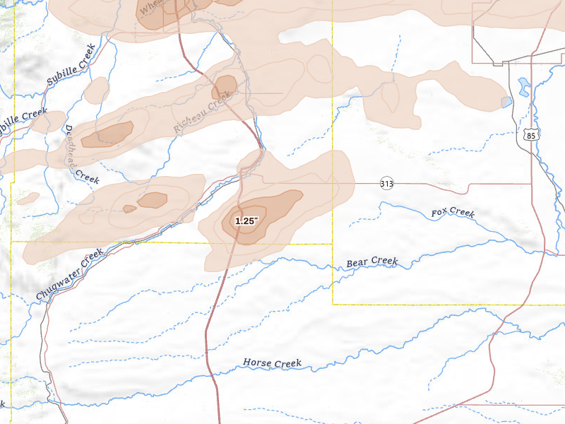 Radar-estimated hail-size map of the storm over Chugwater, WY on Jun 1, 2026
