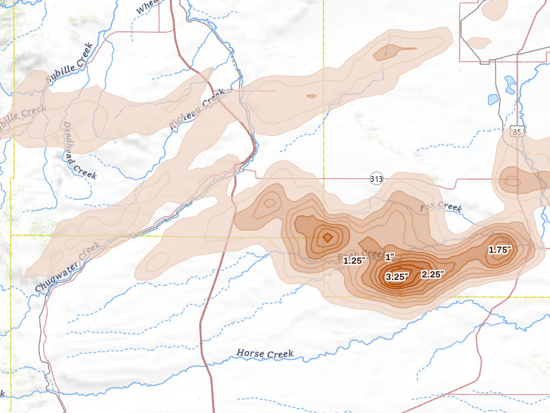 Radar-estimated hail-size map of the storm over Chugwater, WY on Jun 8, 2026