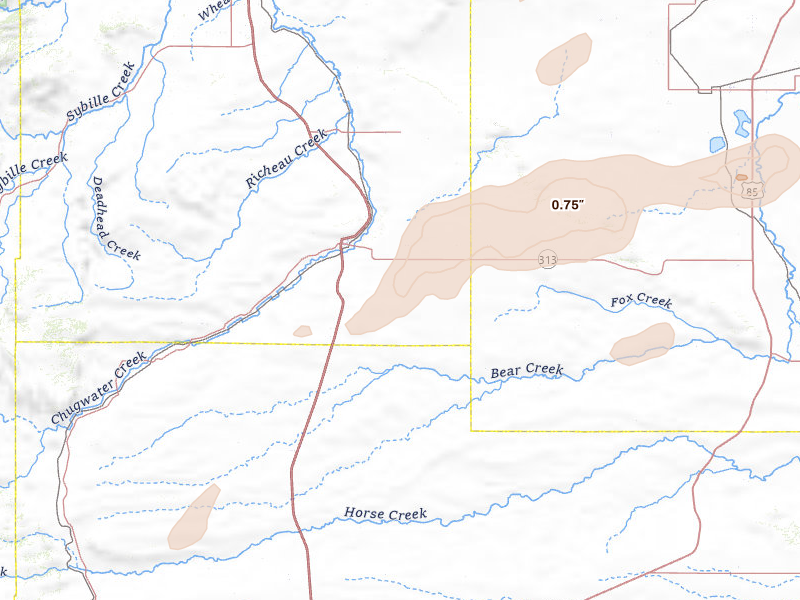 Radar-estimated hail-size map of the storm over Chugwater, WY on Jun 26, 2026