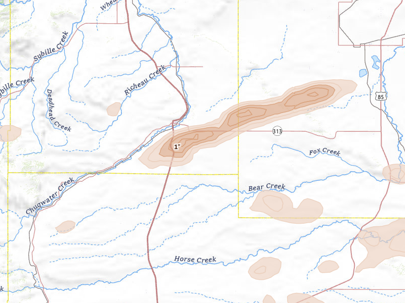 Radar-estimated hail-size map of the storm over Chugwater, WY on Jul 8, 2026