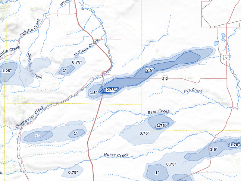 NEXRAD radar-signature map of the hail storm over Chugwater, WY on Jul 8, 2026