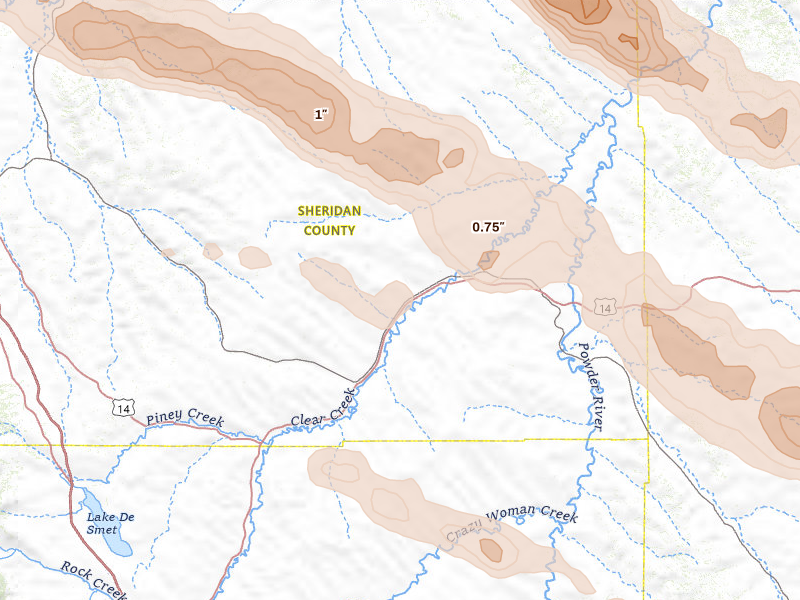 Radar-estimated hail-size map of the storm over Clearmont, WY on Jun 22, 2026