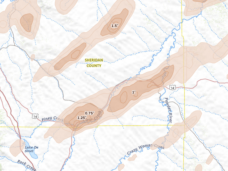 Radar-estimated hail-size map of the storm over Clearmont, WY on Jun 27, 2026
