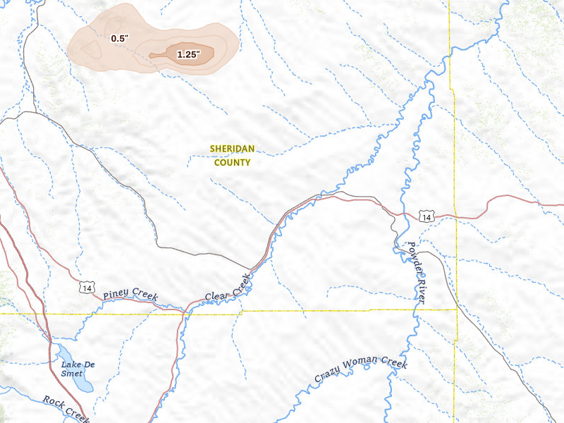 Radar-estimated hail-size map of the storm over Clearmont, WY on Jul 2, 2026