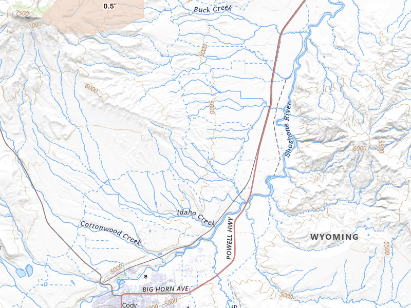 Radar-estimated hail-size map of the storm over Cody, WY on Jul 8, 2026