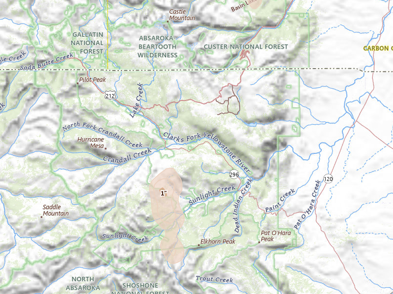 Radar-estimated hail-size map of the storm over Cody, WY on Jul 15, 2026