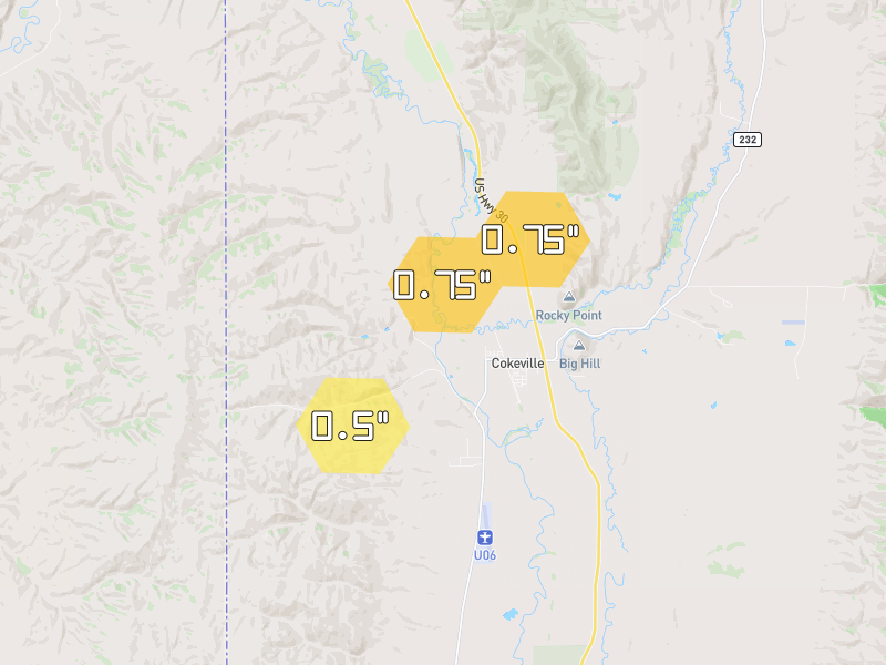 Hail map of Cokeville, WY on Jul 7, 2026, hail up to 0.75"