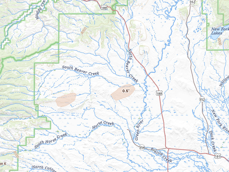 Radar-estimated hail-size map of the storm over Daniel, WY on Jul 7, 2026