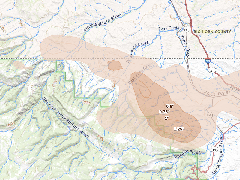 Radar-estimated hail-size map of the storm over Dayton, WY on Jul 8, 2026