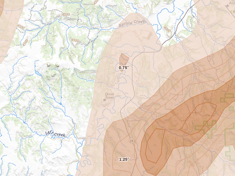 Radar-estimated hail-size map of the storm over Devils Tower, WY on Jun 2, 2026