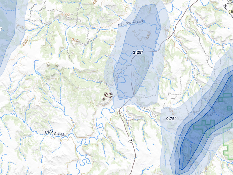 NEXRAD radar-signature map of the hail over Devils Tower, WY