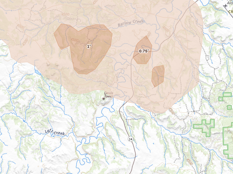 Radar-estimated hail-size map of the storm over Devils Tower, WY on Jun 4, 2026