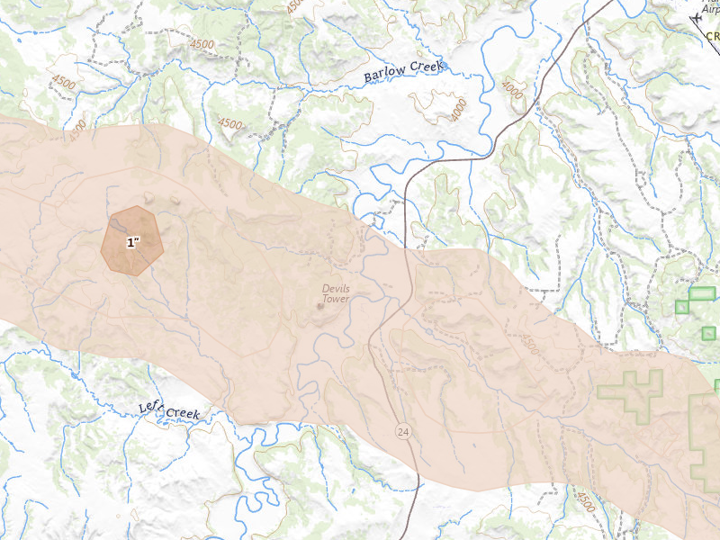 Radar-estimated hail-size map of the storm over Devils Tower, WY on Jun 22, 2026