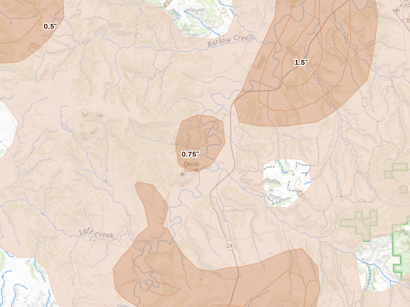 Radar-estimated hail-size map of the storm over Devils Tower, WY on Jul 3, 2026