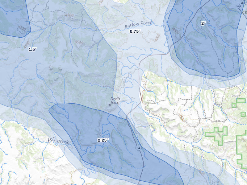 NEXRAD radar-signature map of the hail storm over Devils Tower, WY on Jul 3, 2026