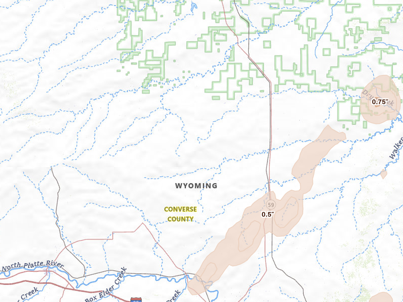 Radar-estimated hail-size map of the storm over Douglas, WY on Jun 2, 2026