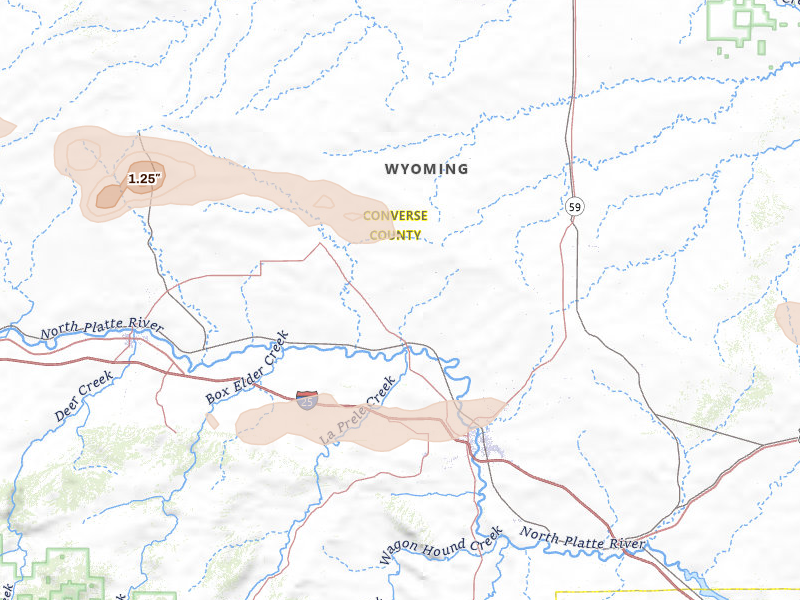 Radar-estimated hail-size map of the storm over Douglas, WY on Aug 15, 2026