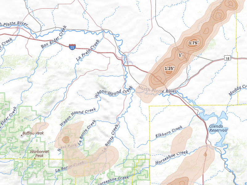 Radar-estimated hail-size map of the storm over Douglas, WY on Aug 22, 2026