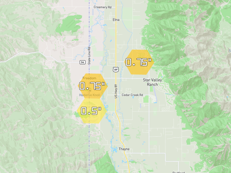 Hail map of Freedom, WY on Jun 27, 2026, hail up to 0.75"